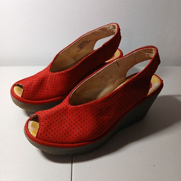 Fly London Women's Red Perforated Suede Leather Wedge Heels Sling Backs Size 37 - Picture 3 of 10